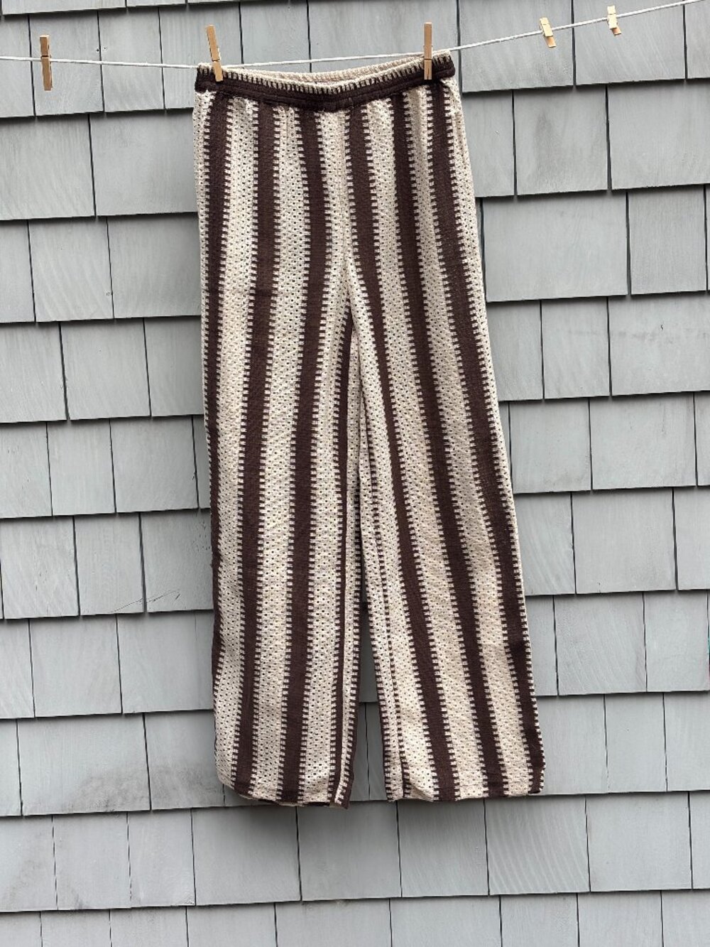 Iisla & Bird Crochet Stripe Wide Leg Pants Cream Brown NWT S